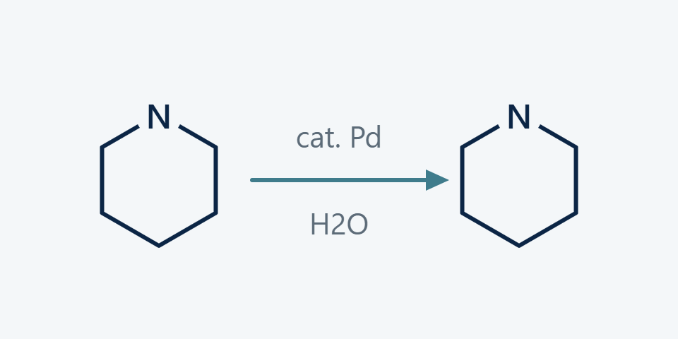 Reaction scheme converting a heterocyclic amine into a substituted heterocycle with a palladium catalyst in water.