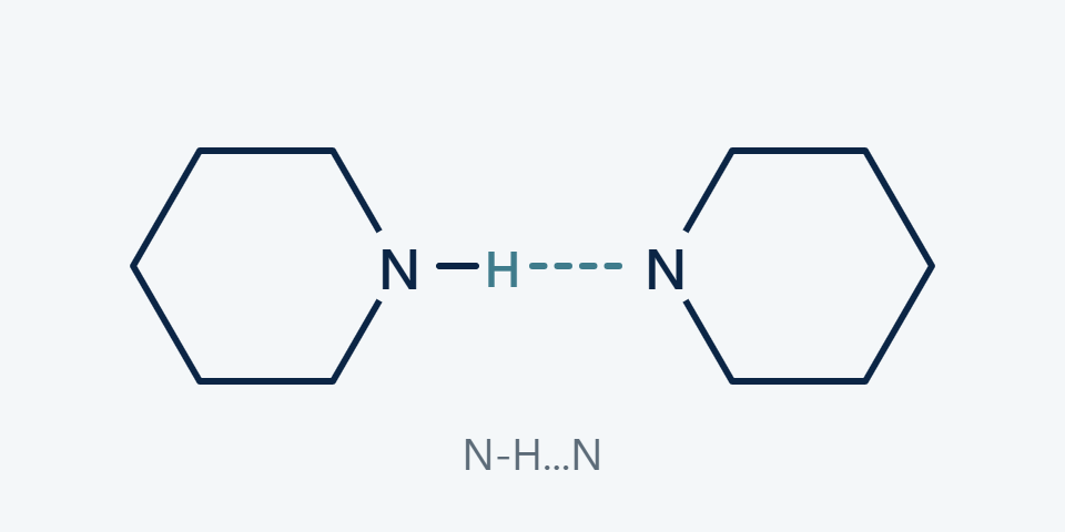 Two piperazine rings linked by a dashed N-H...N hydrogen bond.