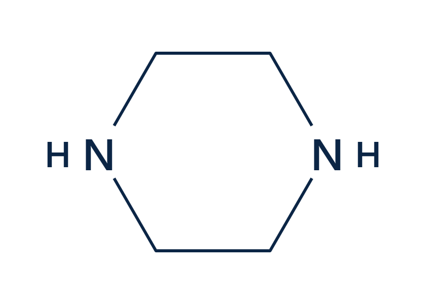 Two-dimensional skeletal formula of piperazine, a six-membered ring with hydrogen-bearing nitrogen atoms at opposite positions.